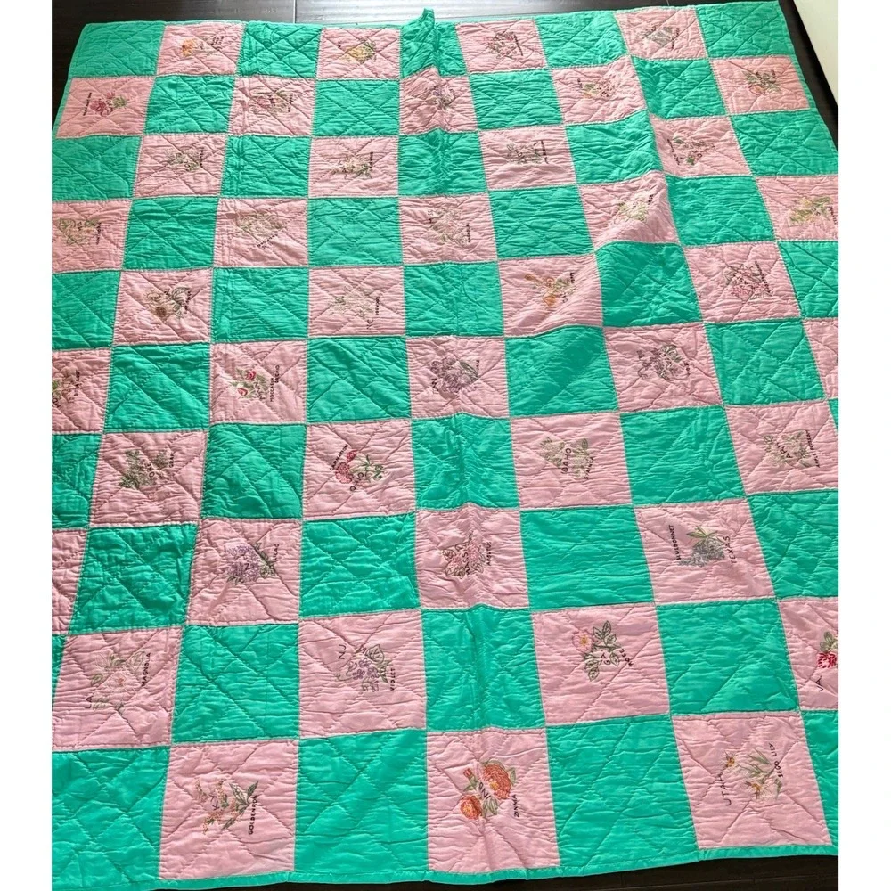 Handmade Embroidered Blanket Quilt Throw State Flowers Green Pink **READ 82